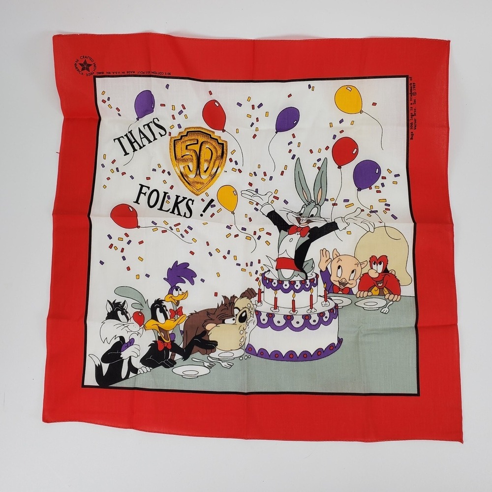 Vintage 1989 Looney Tunes Bugs Bunny 50th Anniversary Bandana Red Thats All Folk